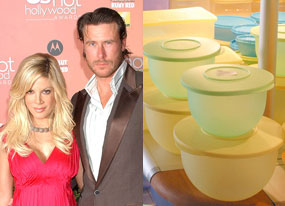 Tori Spelling, Dean McDermott, and Tupperware products Tori Spelling, Dean McDermott, and Tupperware products